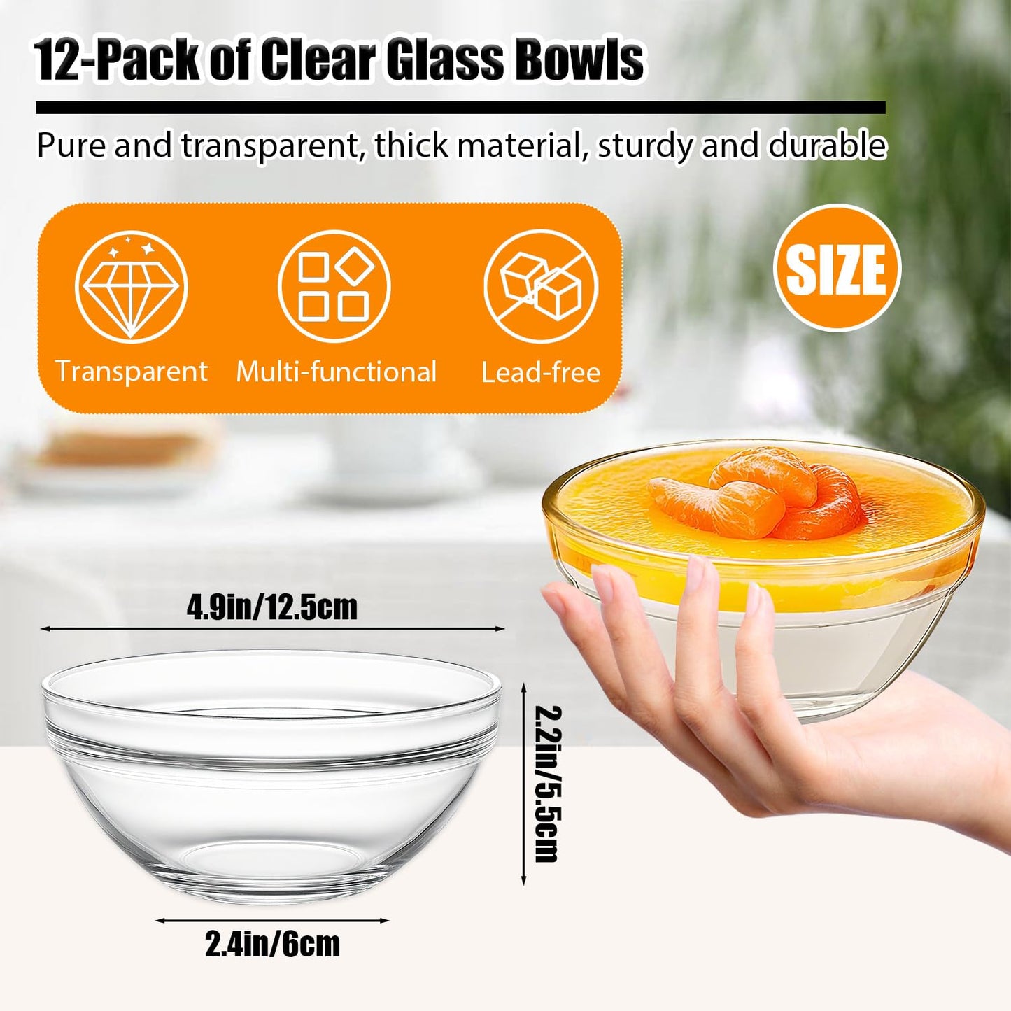 Wuqoioo Small Glass Bowls, 12 Pcs Glass Mixing Bowls Stackable Ingredient Dish For Spices Dipping Sauces Ice Cream Toppings Dessert Snack Candy Nuts (4.92 Inch,5Oz)