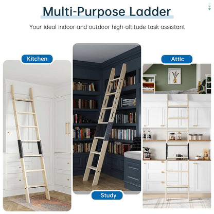 CEAKIAN Rolling Library Ladder 8ft,450lbs Capacity,7 Steps with Build-in Handrail,Solid Wood,Easy Assembly for Loft Bookshelf Kitchen Attic Outdoors,DIY Stain (No Sliding Hardware)
