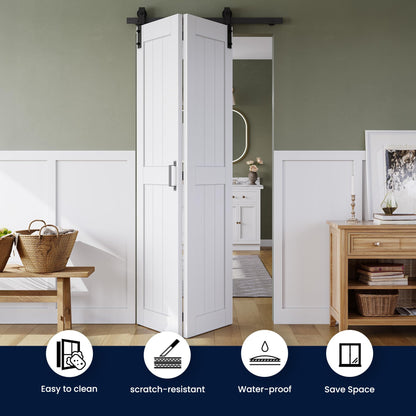 Bifold Barn Door 24" x 84", MDF Bi-Fold Sliding Closet Doors with Hardware Kit Included, Pre-Finished Easy Assembly, Water-Proof PVC Surface & Save Space, H-Frame, 28" Track for 2 Doors,White