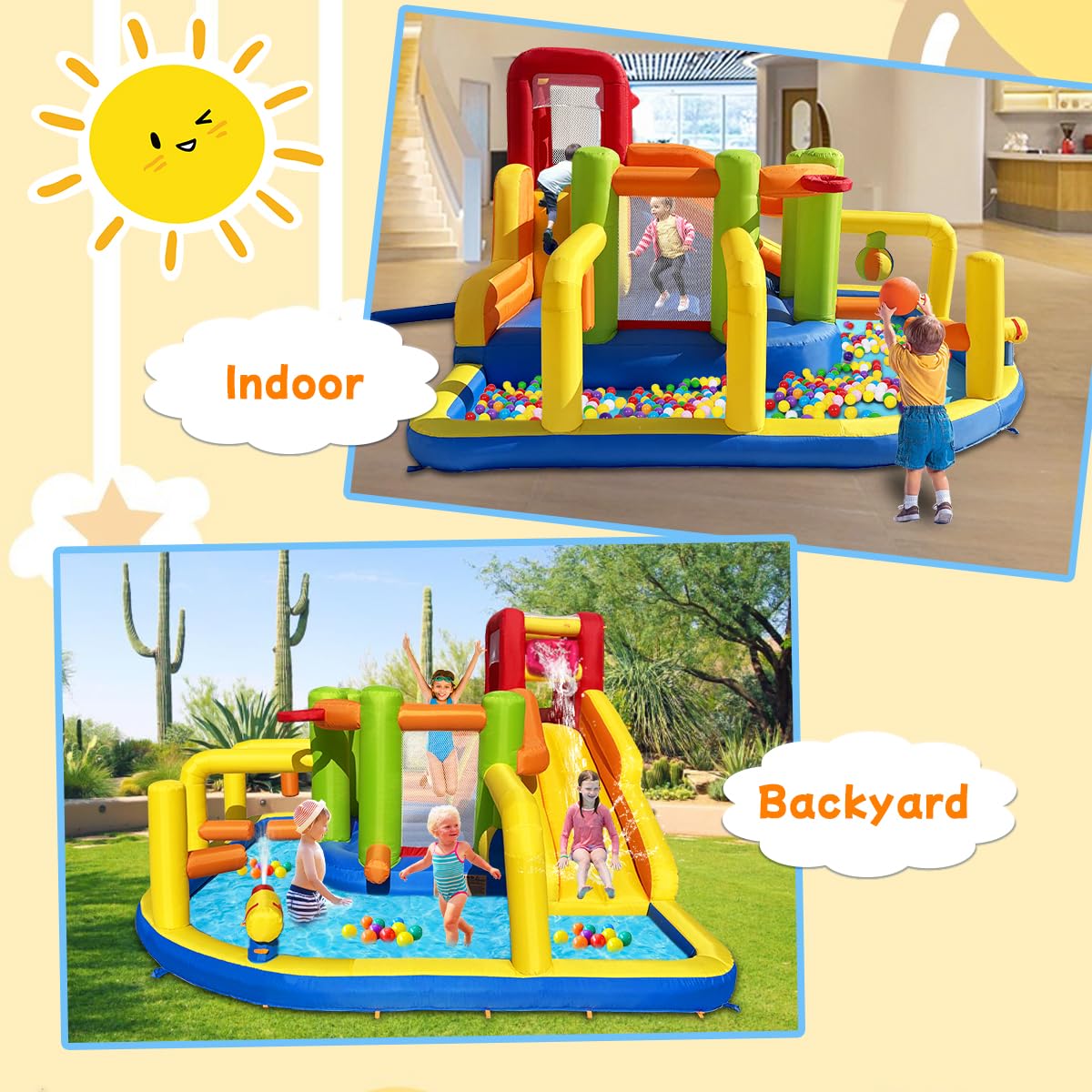 Umbalir Inflatable Obstacle Bounce House, Kids Bounce House Water Park with Water Slides, Surprise Dump Bucket, Obstacles,Jumping, Tunnels, Climbing,Water Cannon, and Ball Shooting Frame