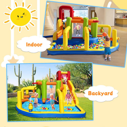 Umbalir Inflatable Obstacle Bounce House, Kids Bounce House Water Park with Water Slides, Surprise Dump Bucket, Obstacles,Jumping, Tunnels, Climbing,Water Cannon, and Ball Shooting Frame
