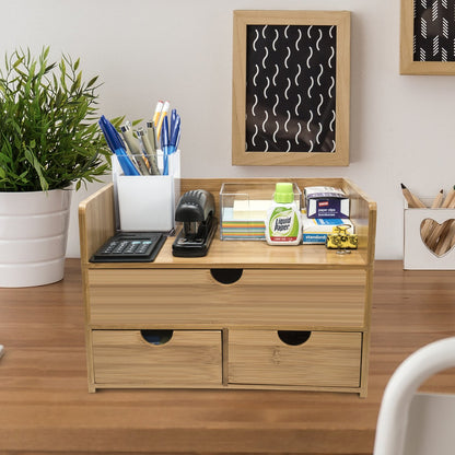 Sorbus Bamboo Desk Organizer - 3-Tier 100% Bamboo Desktop Organizers – Mini Bamboo Desk Drawer Tabletop Storage Box Countertop Organization 3 Drawers & Shelf - Office, Makeup Vanity, Fully Assembled