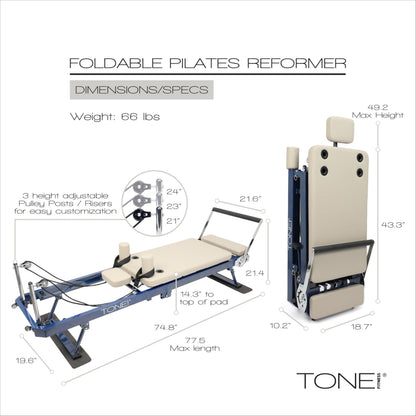 Tone Fitness Foldable Pilates Reformer – Portable Pilates Machine with Adjustable Resistance Bands, Smooth Glide Carriage & Full-Body At-Home Pilates Workout Equipment