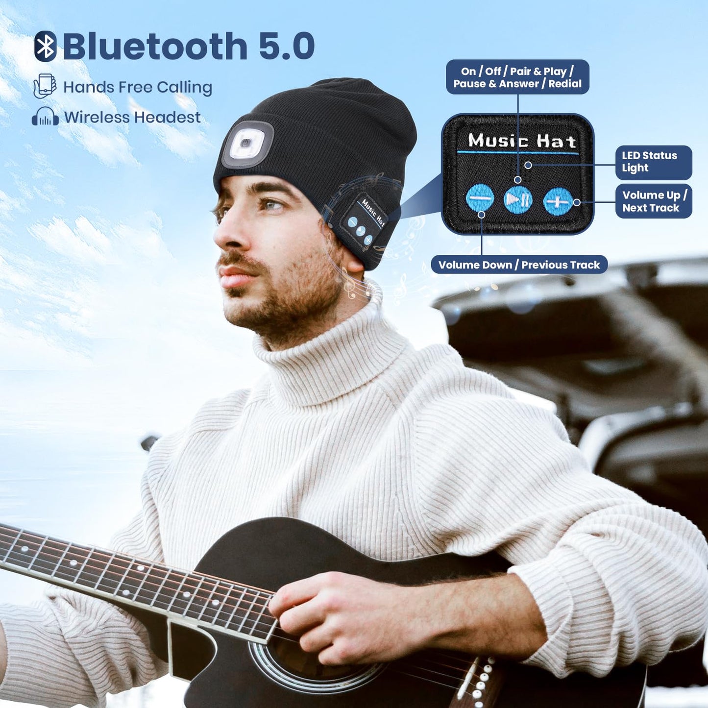 Bluetooth Beanie Hat with Light for Men 2 Pack, Rechargeable LED Beanie with Light, Headlamp Cap Wireless Headphones Built-in Speaker Mic for Teens Stocking Stuffers for Men(Back+Grey)