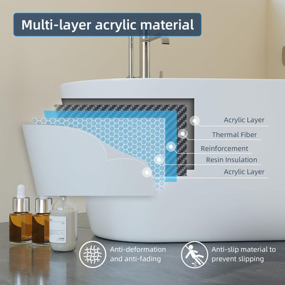Garvee 59 in Acrylic Freestanding Bathtub - Extra Deep Soaking Tub for Adults, Stand Alone Tub with Integrated Overflow Drain, CUPC Certified Modern Bathroom Tub, White