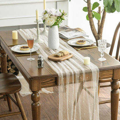 Artoid Mode 3PCS Pearl Beige Gauze Table Runner 120 Inch 10FT, Seasonal Sheer Dining Holiday Wedding Birthday Baby Shower Table Decor for Home Party