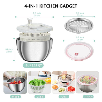 Large Salad Spinner with Storage Lid，5.29QT Stainless Steel Spin Dry Salad Greens Fruit Washing Bowl with Strainer Vegetable Cleaner washer Lettuce Spinner with slicer and julienne cutter