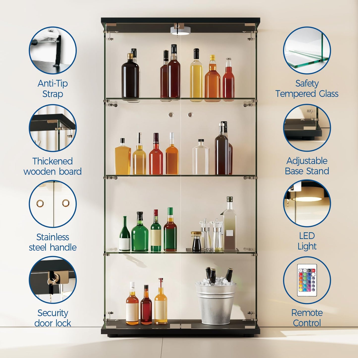 IDEALHOUSE Tempered Glass Display Cabinet with LED Light, 4 Shelves Lockable Curio Showcase, Double Doors Storage Cabinet for Living Room Bedroom Office, Black (64x31.7x14.3 in)