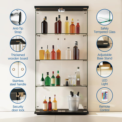 GarveeHome 4 Shelves Display Cabinet, Tempered Glass Curio Showcase with LED Light & Lock, Double Doors Storage Cabinet for Living Room Bedroom Office, Black, 64x31.7x14.3 Inch