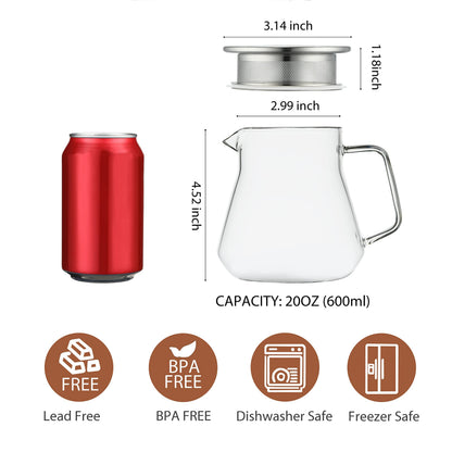 CNGLASS One-Touch Glass Teapot with Stainless Steel Filter Lid,20oz(600ml) Glear Tea Kettle Stovetop Safe,Borosilicate Glass Tea Pots for Loose Leaf Tea