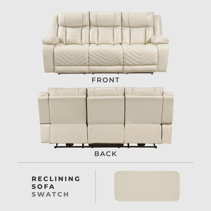 Lexicon Wall Hugger Power Double Reclining Sofa with Center Drop-Down Table, Faux Leather Home Theater Seating with LED Lighting/USB Charging Ports/Wireless Charger/Cup Holders, Magazine Pocket, Beige
