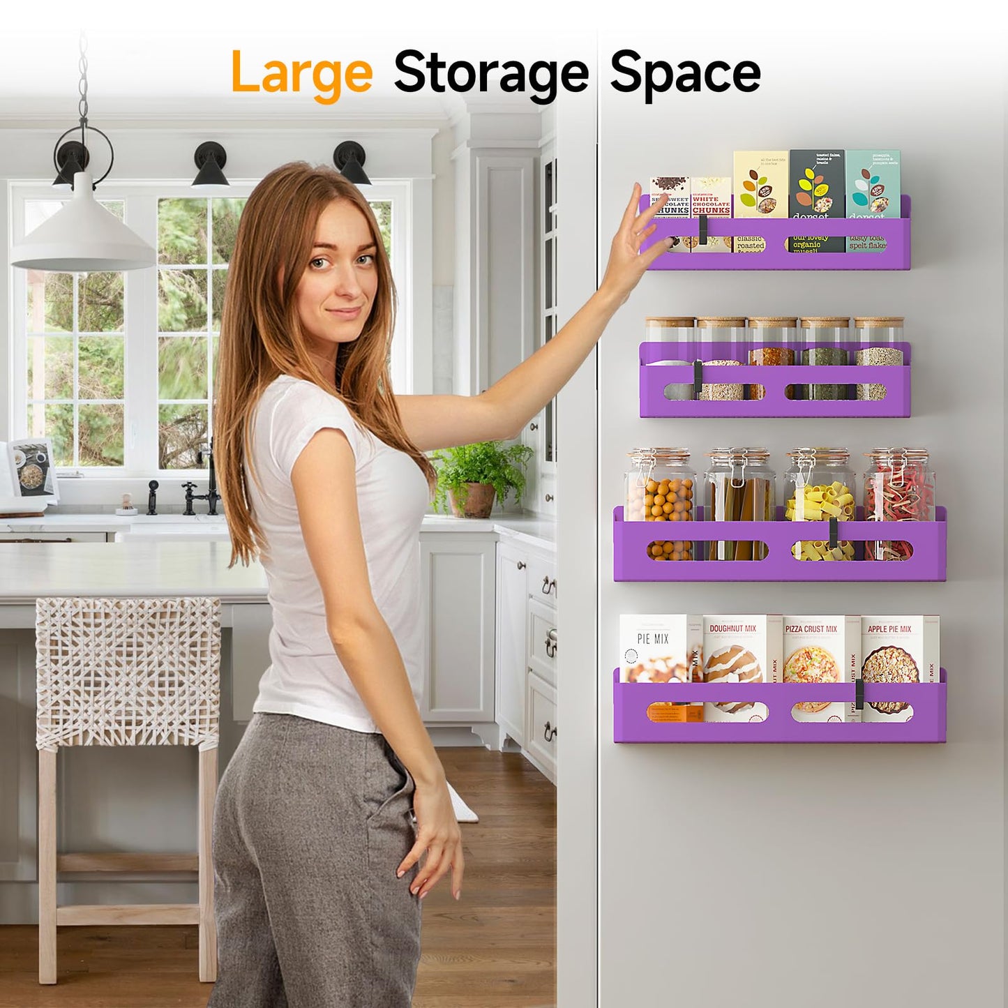 4 Pack Magnetic Spice Rack for Refrigerator, Spice Rack Organizer, Moveable Magnetic Shelf Fridge Organizer with 4 Hooks for Kitchen and Oven Organization, Black