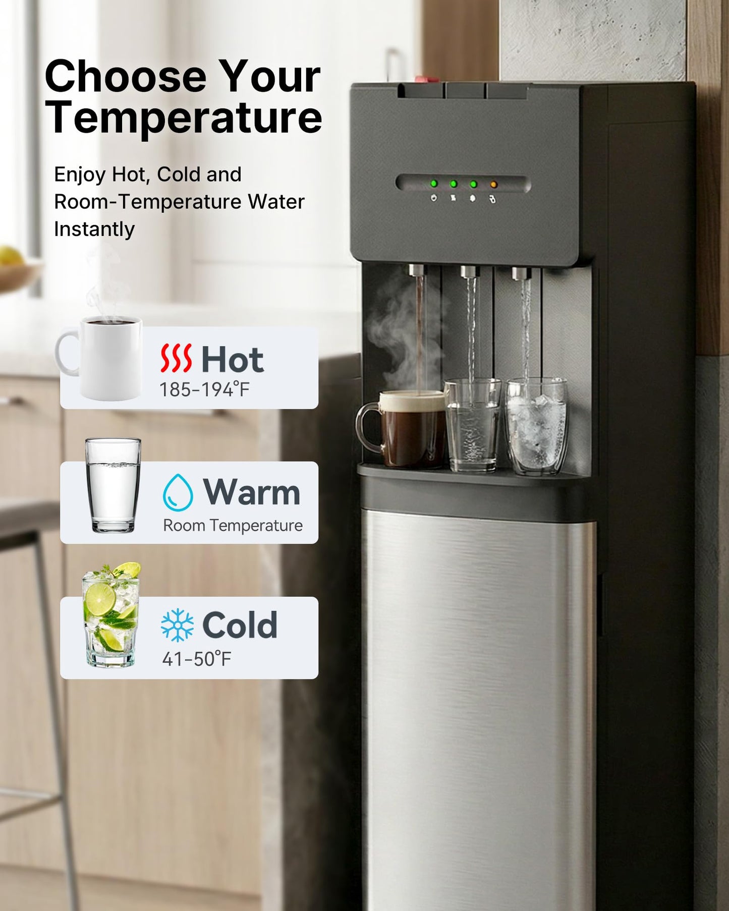 EUHOMY Bottom Loading Water Cooler Dispenser for 5 Gallon Bottle, Hot/Cold/Warm Water Dispenser with Child Safety Lock, LED Display Light, Ideal for Home, Office & Apartment, Black