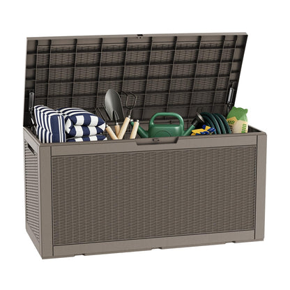 LAUSAINT HOME 320 Gallon Resin Deck Box, Package Delivery Box with Lockable Lid, Waterproof Outdoor Storage Box For Garden Tools, Patio Cushions(320 Gallon,Brown)