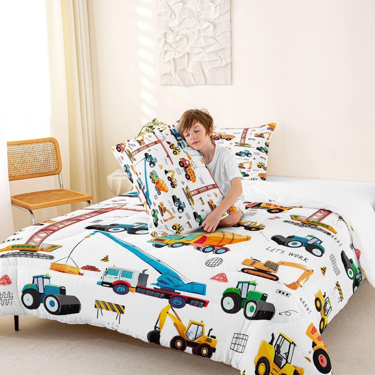 Set Bulldozer Set 3Pcs Tractor Comforter, Excavator Machinery Trucks Bedding Full Size, Construction Vehicle Down