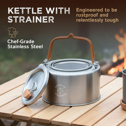 Living in a Bubble Premium 1L Camping Kettle with Strainer – Chef-Grade Stainless Steel – Compact Outdoor Cookware for Camping, Van Life, & Tiny Kitchens