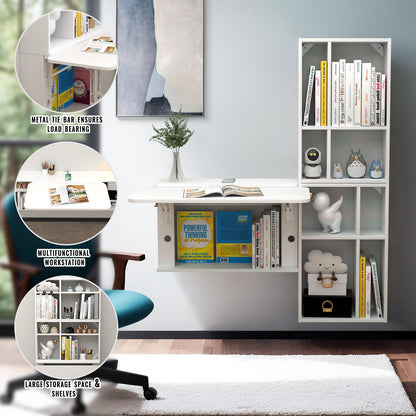 TuckTect Floating Desk with Storage Shelves, 81'' Wall Mounted Desk Laptop Writing Study Table, Folding Drop Leaf Table, Multifunctional Computer Workstation for Narrow Small Space