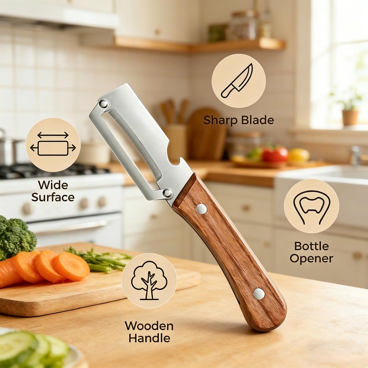 2-in-1 Multifunctional Vegetable Peeler with Wooden Handle & Stainless Steel Blade, Multifunctional Vegetable Peeler, Built-in Bottle Opener, Fruit & Vegetable Kitchen Peeling Tool (2Pcs)