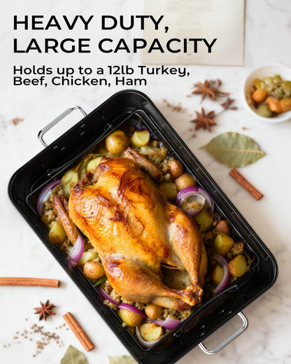 Armorbear Turkey Roasting Pan with Rack Non stick Carbon Steel Roaster 16x11 Inch, Dishwasher Safe, Deep Baking Broiler Pan for Oven Chicken, Bacon, Black