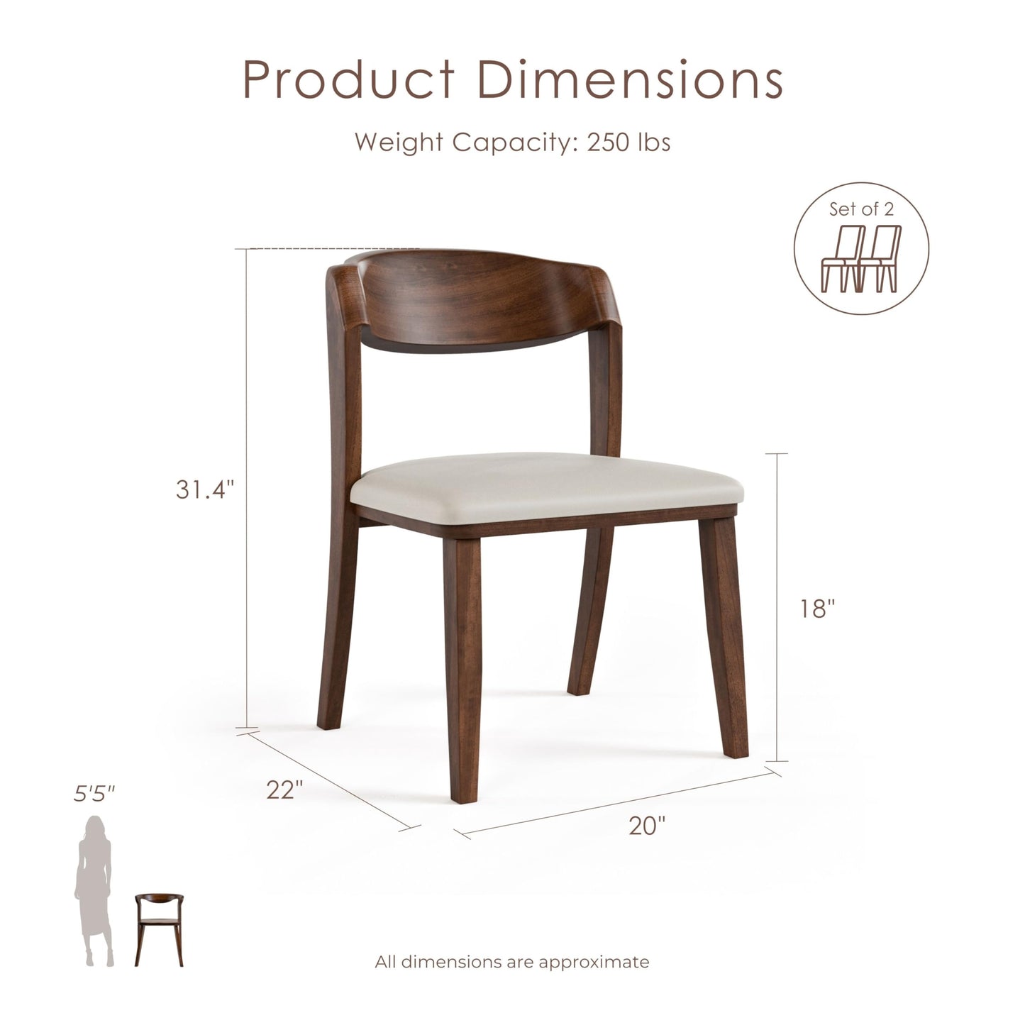 Furniture of America Nazaen IV Mid-Century Modern Solid Wood 20-inch Side Chairs Set of 2 with Curved Backrest, Semi-Handmade, Upholstered Seating for Home Kitchen, Dining Room, Rich Walnut
