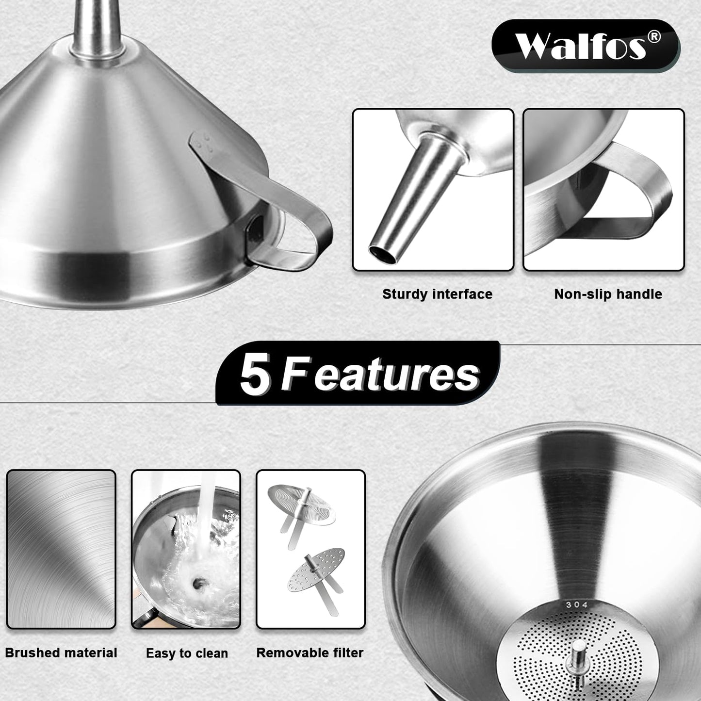 Walfos Extra Large Stainless Steel Funnel with Venting Slot, Kitchen Funnel with 2 Removable Strainer ＆ 1Pc Cleaning Brush, Perfect for Transferring Liquid, Oils, Jam, Dry Ingredients (Jumbo, 7.9")