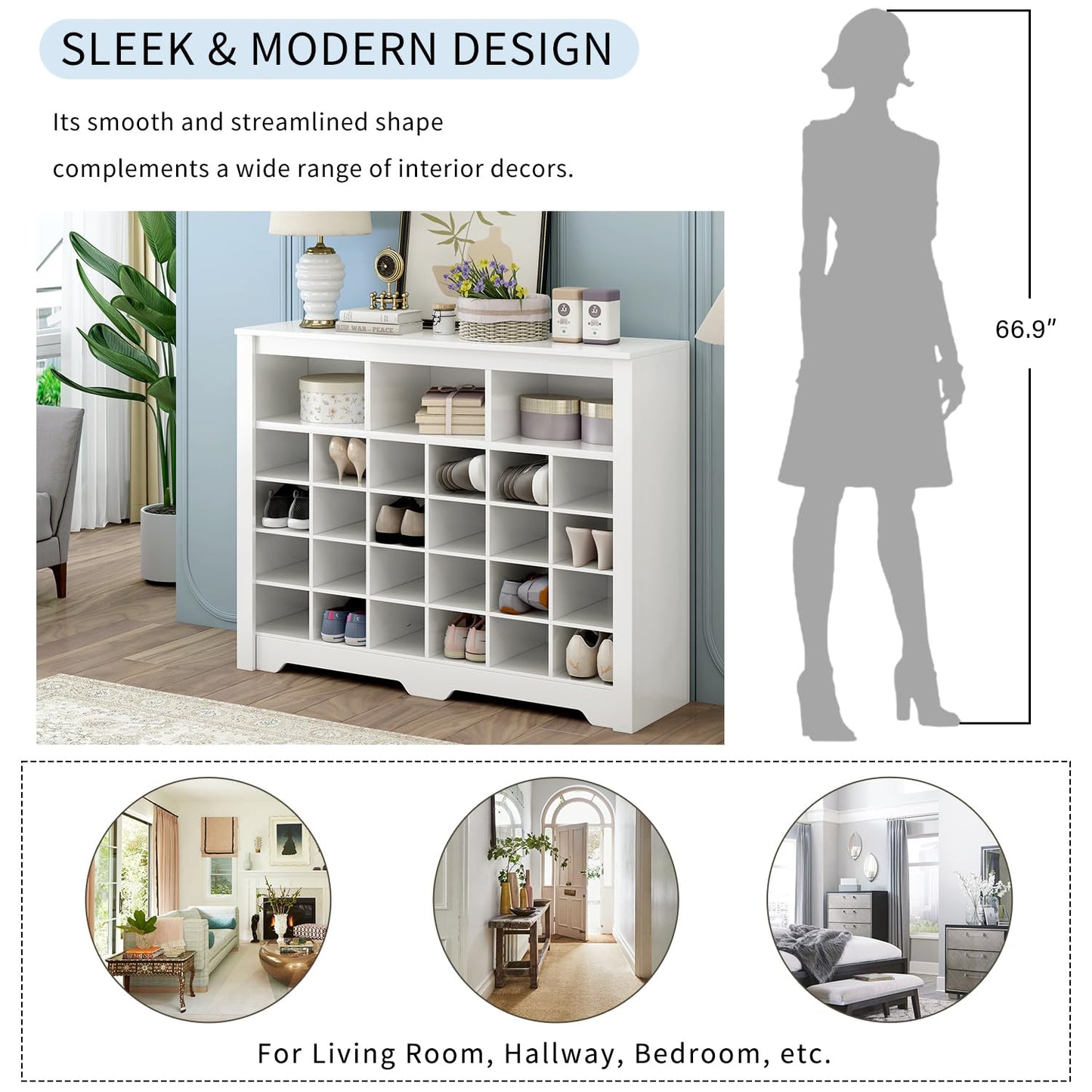 Merax Sleek Design 24 Shoe Cubby Console, Modern Storage Cabinet with Curved Base, Versatile Sideboard for Hallway, Bedroom, Living Room, White