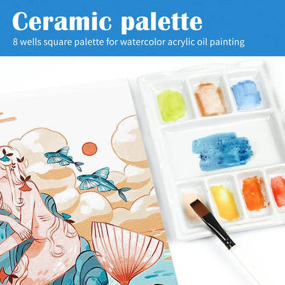 Falling in Art Artist Ceramic Palette, 8 Well Rectangle Porcelain Watercolor Paint Palette for Watercolor Gouache Acrylic Oil Painting, 7-Inch