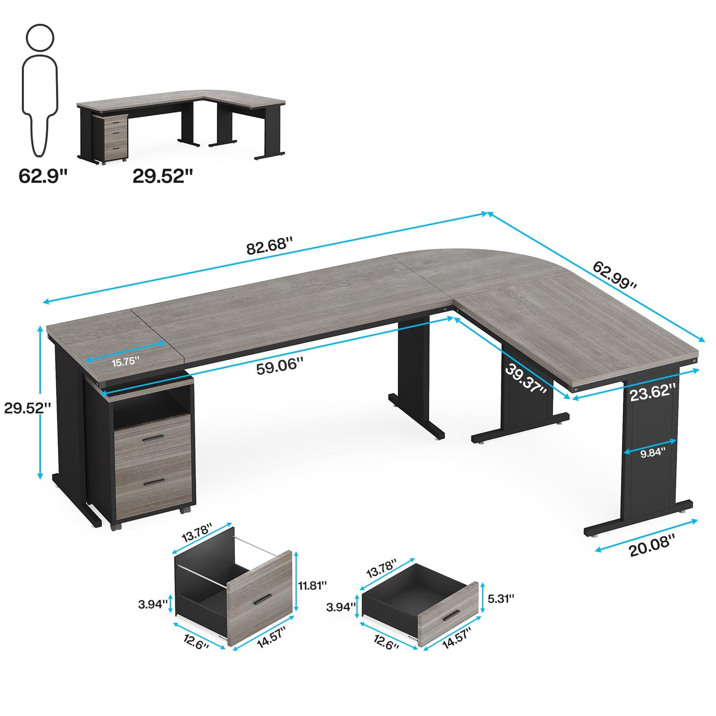 Tribesigns 83" L-Shaped Executive Desk, Large Office Desk with Drawes, Industrial Corner Computer Table with File Cabinet, Business Workstation for Home Office (Gray, 83")