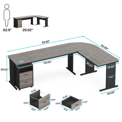 Tribesigns 83" L-Shaped Executive Desk, Large Office Desk with Drawes, Industrial Corner Computer Table with File Cabinet, Business Workstation for Home Office (Gray, 83")
