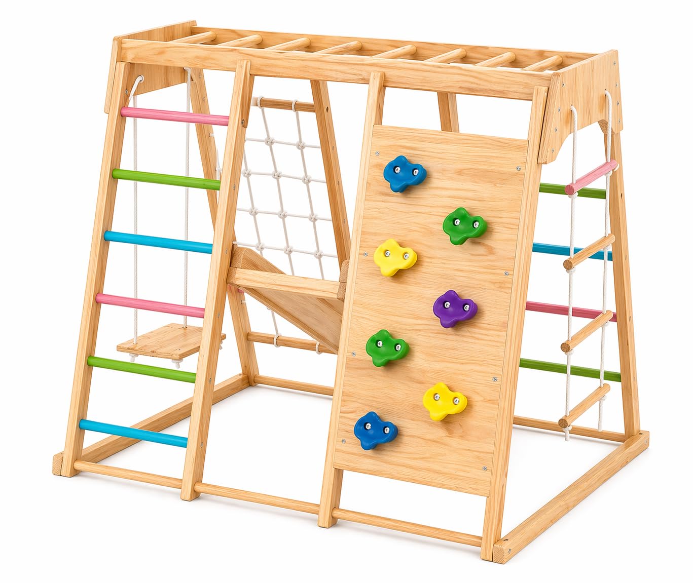 Avenlur Premium Wooden Indoor Climbing Gym for Kids – Montessori Playset with Climbing Wall, Ladder, Rope Net & Swing – Solid Natural Wood Toddler Playground, Ages 1–6