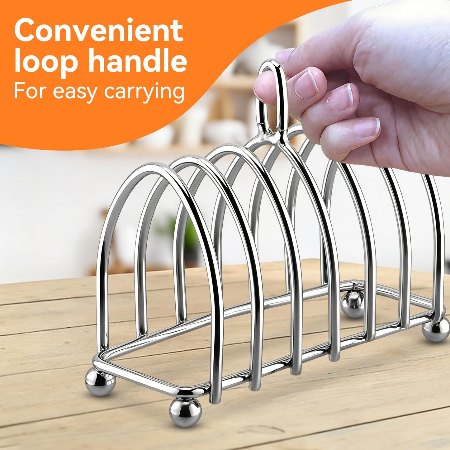 Frdhee Toast Rack English Style, 6 Slice Bread Holder, Stainless Steel Toast Holder Stand with Ball Feet, Vintage British Bread Loaf Grid Cooling Station with Handle for Kitchen Bakeware