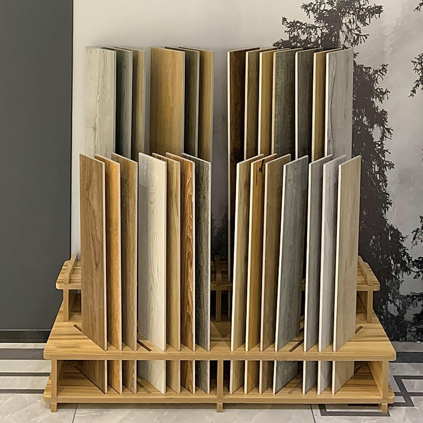 Floor Tile Sample Rack,Wooden Display Shelf for Building Materials - Stylish Long Strip Tile Stand for Marble & Floor Samples, Space-Saving Retail Store & Trade Show Rack (117x42)