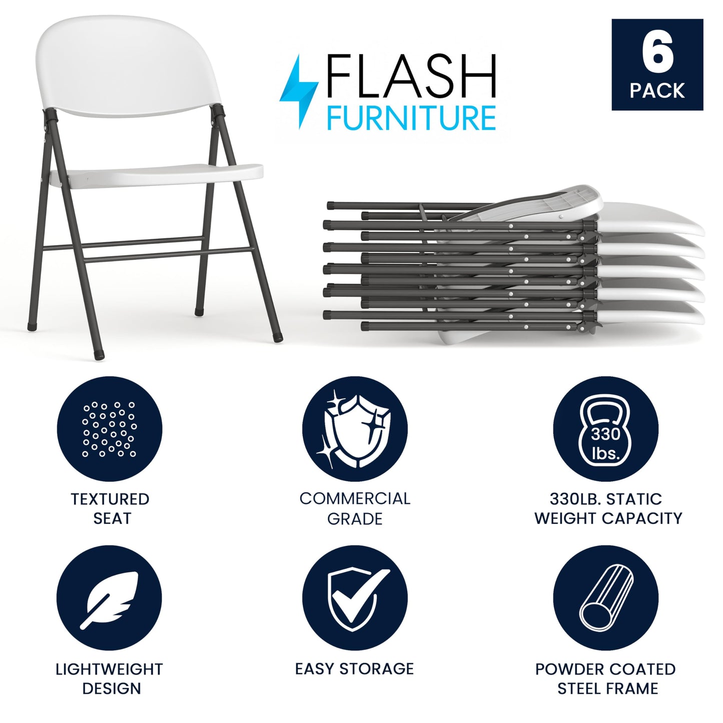 Flash Furniture Mirra Plastic Folding Chairs for Parties and Weddings, Lightweight Commercial Event Seats with 330-lb. Static Weight Capacity, Set of 6, White