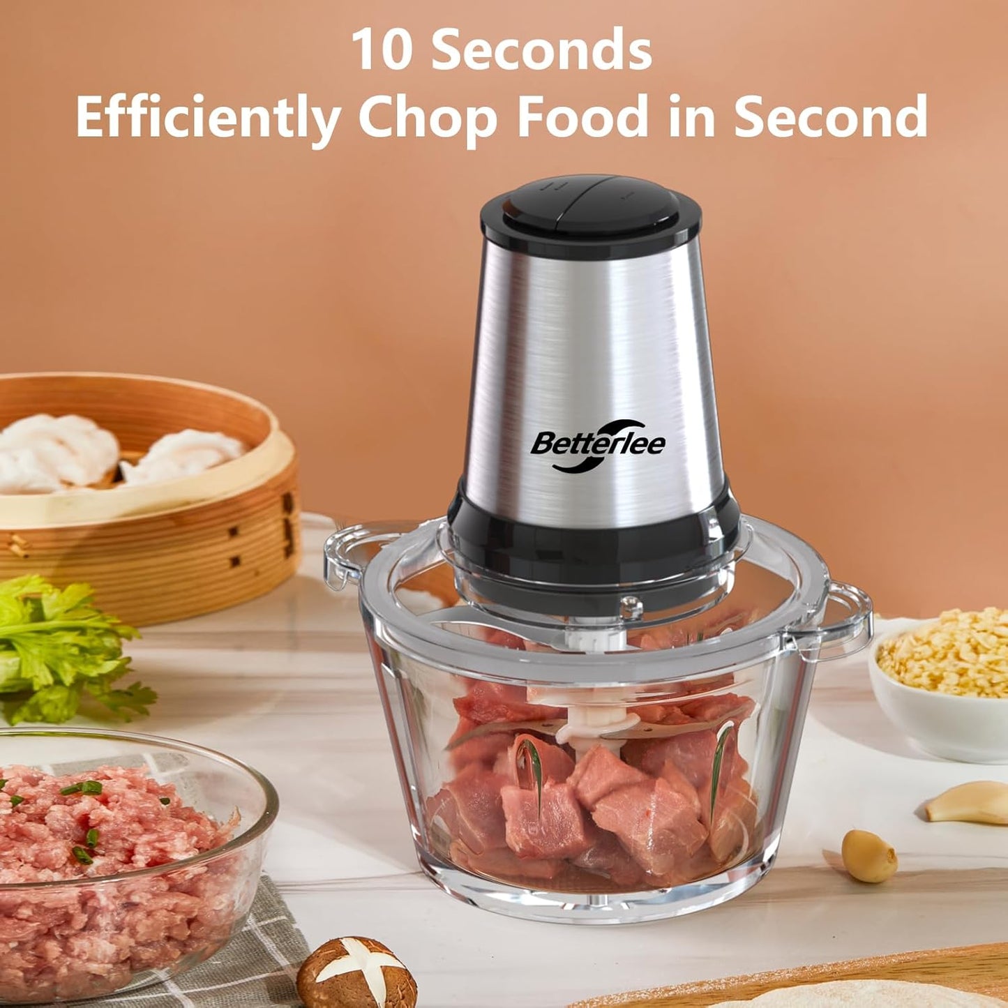 Betterlee Electric Food Processor, Meat Grinder with Two 8 Cups Bowls, 2 Speed Onion Chopper for Meats