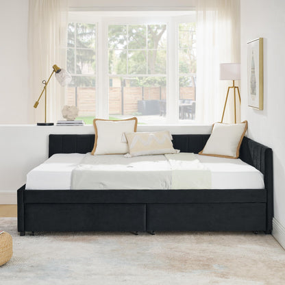 Ball & Cast Full Size Daybed with Two Storage Drawers,Velvet Upholstered Day Bed Frame with Channel Tufted Backrest & Armrest,Wood Slats Support,No Box Spring Needed,for Bedroom Guestroom,Black