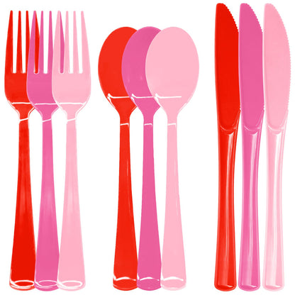 153 Pcs Valentine's Day Plastic Silverware Heavy Duty Disposable Tableware Sets Includes Spoons Forks Knives for Valentine's Day Party Decorations (Pink, Hot Pink, Red)