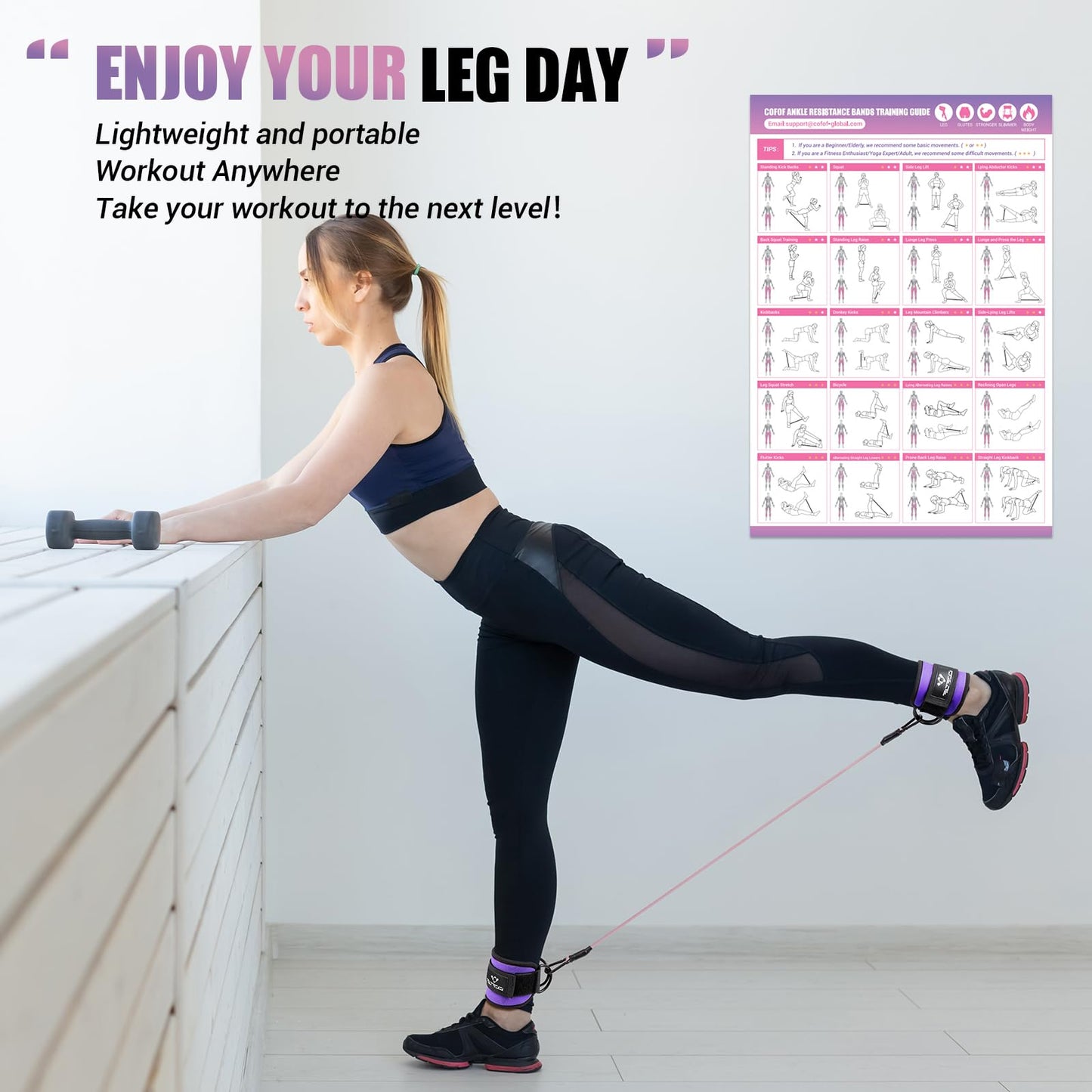 Ankle Resistance Bands with Cuffs, Ankle Bands for Working Out, Ankle Band Cuff for Kickbacks Hip, Leg Glute Exercise Equipment with Training Poster, Resistance Band with Ankle Cuffs for Women(Purple)