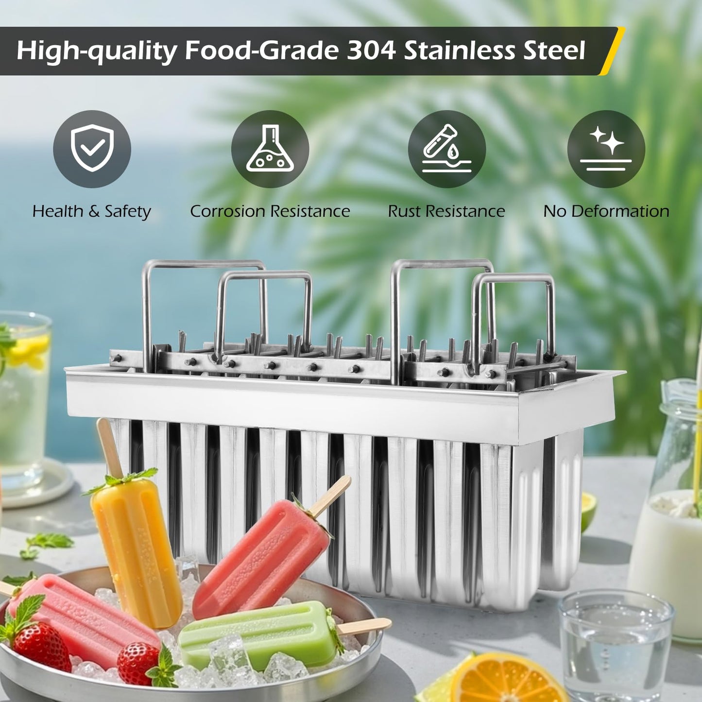 Dyna-Living Commercial Popsicle Molds 20PCS Round Heads with Double Slot Stainless Steel Popsicle Molds Metal Ice Cream Popsicle Mold with Lid, Single Cup Capacity 85ml