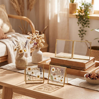 Vicenpal 5 Pack Glass Pressed Flower Frame Handmade, 4 x 4 floating Picture Frames for Pressed Flowers, Brass Double Glass for Tabletop Display, Home Office Plant Specimen, Photos(Gold)