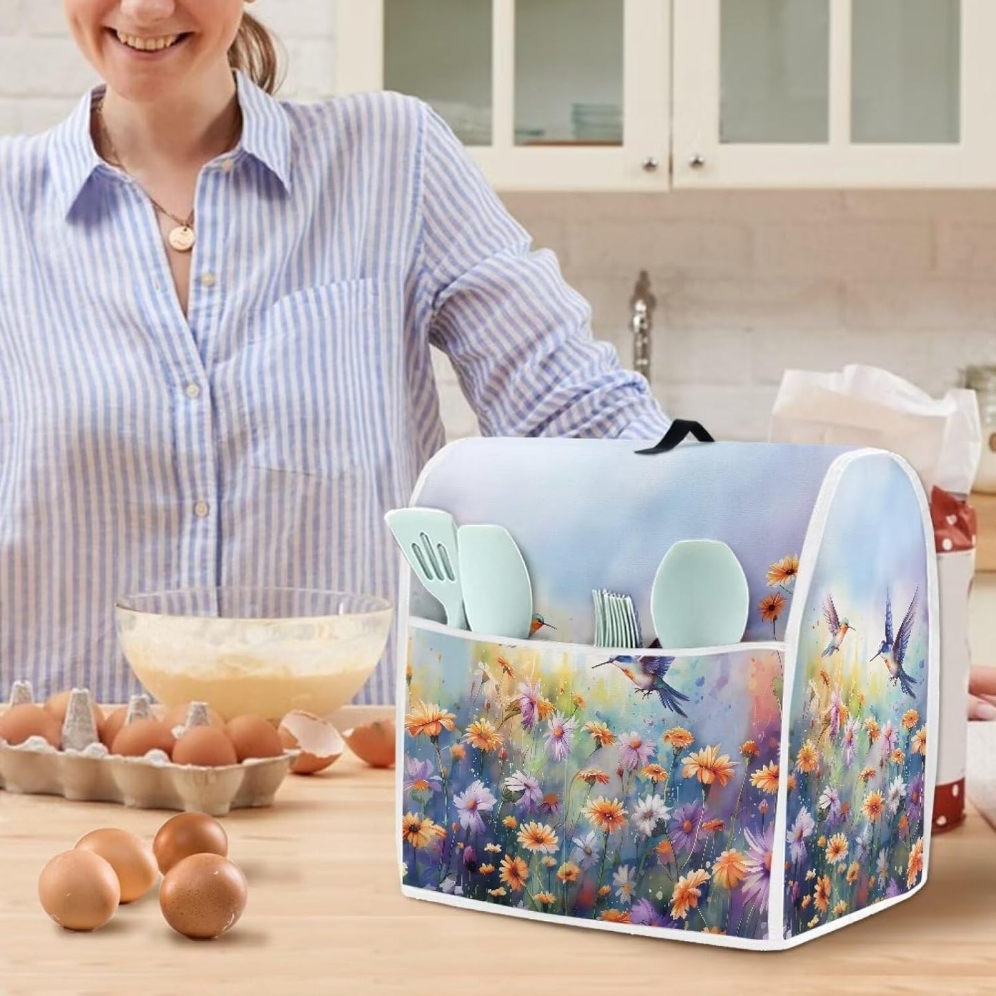 Hummingbird Daisy Dust Cover for Stand Mixer, Kitchen Appliance Cover with Handle and Storage Pocket