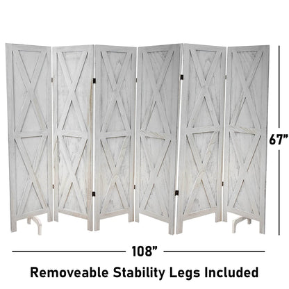 Premium Home 6-Panel Room Divider – Rustic White Barn Door, X Pattern Folding Privacy Screen, Partition Wall