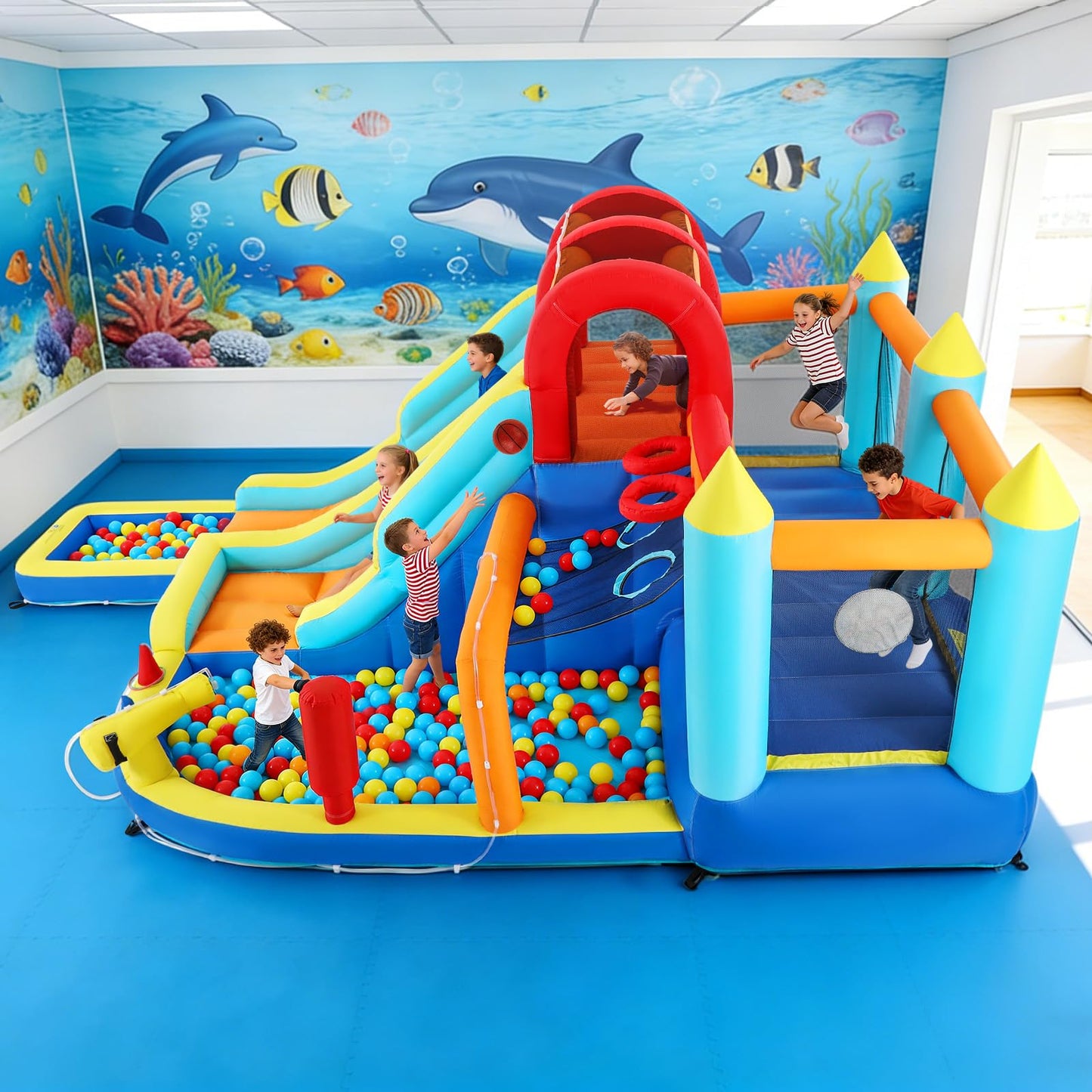 JOYLDIAS Inflatable Water Slide Park, Giant Bounce House with 450W Blower, Climbing Wall, Dual Basketball Hoops & Ring Toss Games - Outdoor Backyard Jumper for Kids Ages 3+