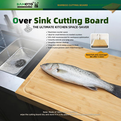 BAMOTTO CRAFTBAMBOO 24 x 18 Inch Large Bamboo Cutting Board and Stovetop Cover, Over-the-Sink Board with Detachable Support Legs & Secure Front Lip, Carving and Pasta Board