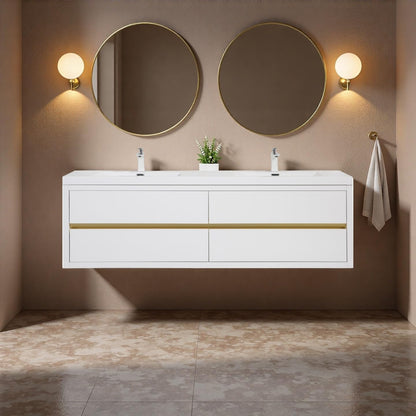 Trygoal 72" Bathroom Vanity with Sink, Floating Vanity with Resin Countertop & 4 U-Shaped Interiors, Wall-Mounted Bathroom Storage Cabinet with Soft-Close Drawers for Home, Easy to Clean, Glossy White