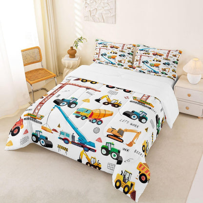 Set Bulldozer Set 3Pcs Tractor Comforter, Excavator Machinery Trucks Bedding Full Size, Construction Vehicle Down