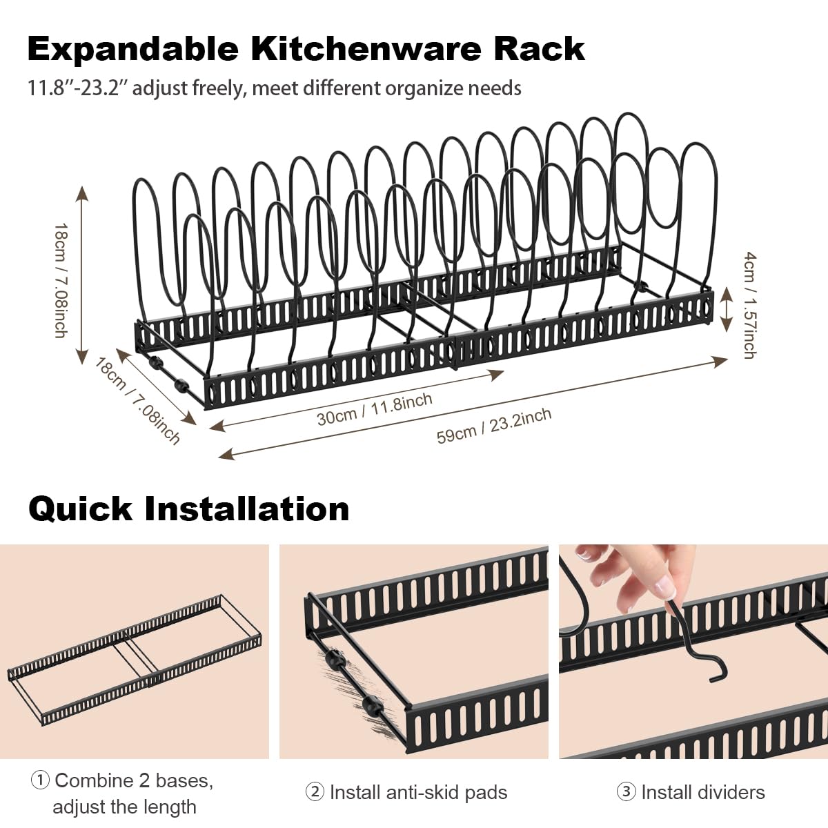 Housolution Pot and Pan Organizer Rack for Cabinet, Expandable Pot Lid Organizer Holder with 14 Adjustable Dividers, Fully Expanded Size 22.83" W x 7.09" D x 7.09" H, Black