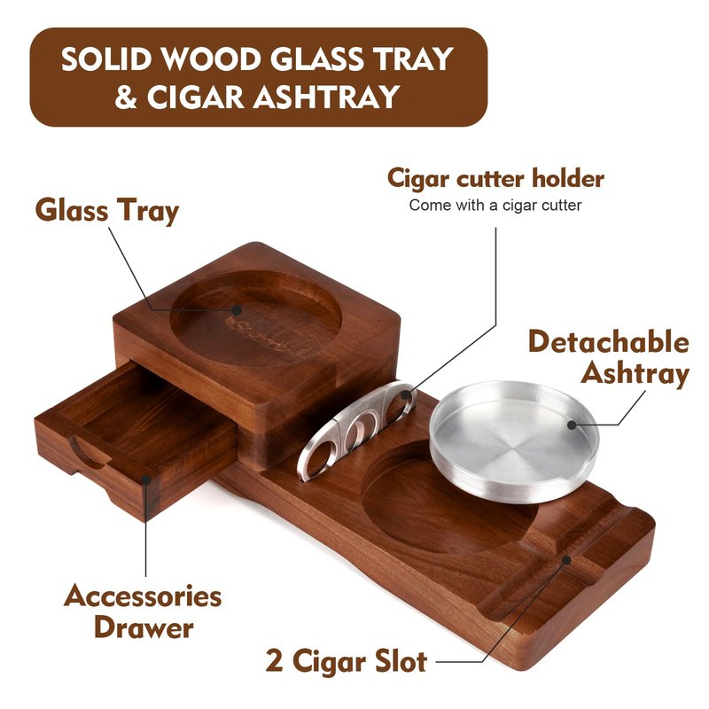 Scotte Ashtray Coaster Whiskey Glass Tray & Wooden Ash Tray with Cigar Cutter, Includes Drawer and Cigar Slot - Great for Home, Office or Outdoor Use (Deep Brown)