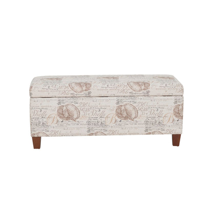 Linon Carmen Ivory and Beige Seashell Upholstered Lift Top Storage Ottoman with Wooden Feet