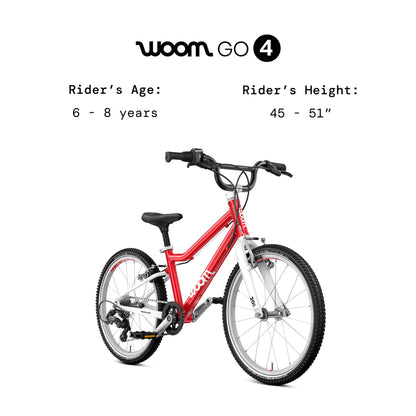 woom GO 4 Bicycle for Kids 6 to 8 Years Old, 20-Inch Lightweight 7-Speed Bike for Beginner Riders with Handbrake for Boys & Girls - Red