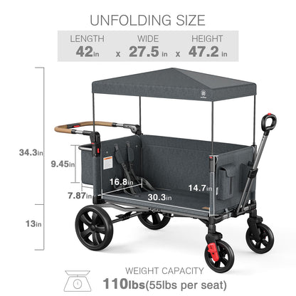 EVER ADVANCED Side-Unzip Stroller Wagon for 2 Kids - 2-in-1 Bench Mode & All-Terrain Push-Pull Wagon - Spica Cast & Special Needs Friendly - JPMA Certified, UV Canopy, Foldable for Zoo, Beach & Travel